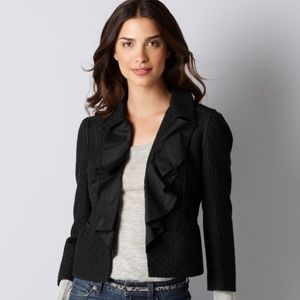 LOFT Textural Tweed Ruffle Trim 3/4 Sleeve Jacket